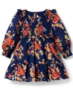 Janie and Jack Girls' Navy Floral Long-Sleeve Smocked Dress